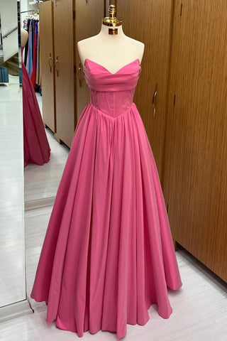 Hot Pink Strapless Lace-Up A-Line Long Formal Dress