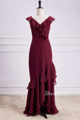 Wine Red V-Neck Ruffle Mermaid Maxi Dress with Slit