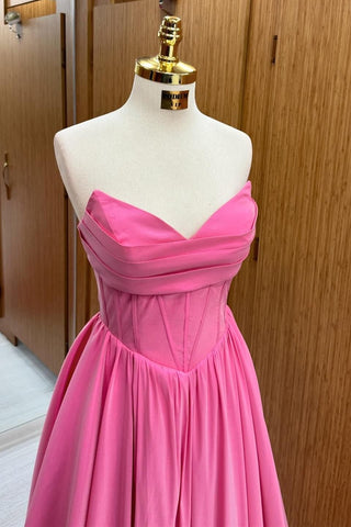 Hot Pink Strapless Lace-Up A-Line Long Formal Dress