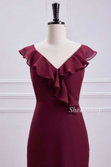 Wine Red V-Neck Ruffle Mermaid Maxi Dress with Slit