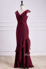 Wine Red V-Neck Ruffle Mermaid Maxi Dress with Slit