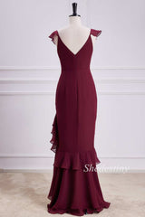 Wine Red V-Neck Ruffle Mermaid Maxi Dress with Slit