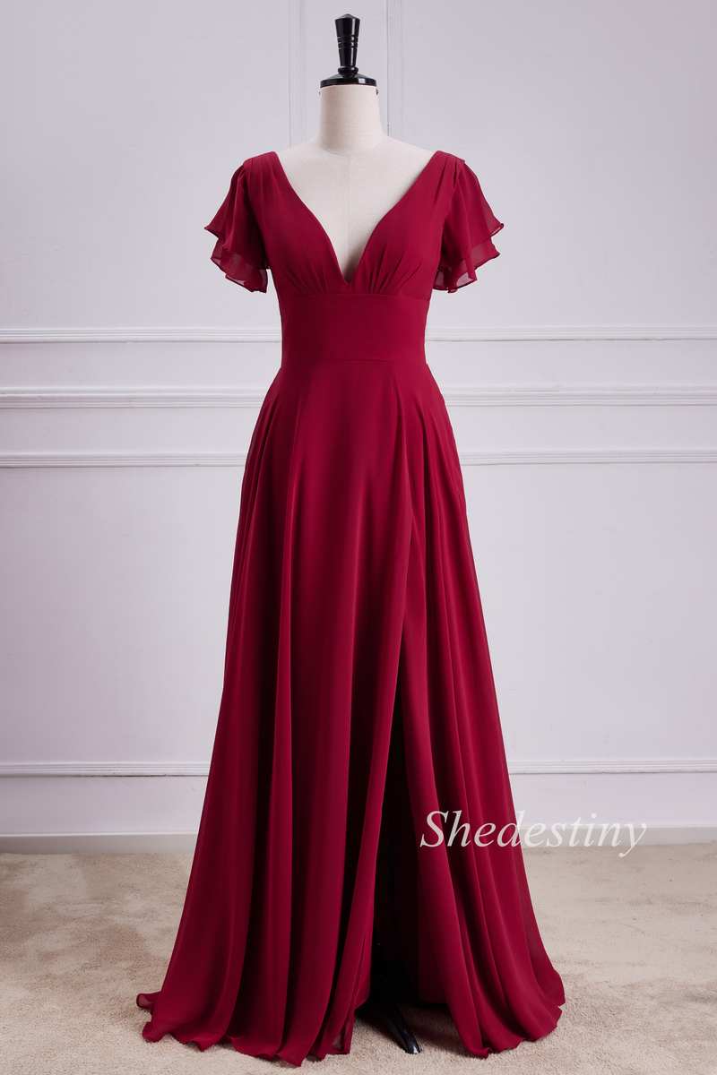 Red Plunge V Flutter Sleeve Backless Maxi Dress