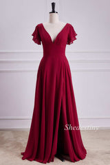 Red Plunge V Flutter Sleeve Backless Maxi Dress