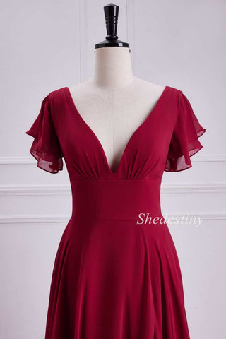 Red Plunge V Flutter Sleeve Backless Maxi Dress