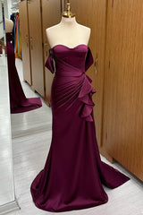 Off-the-Shoulder Plum Ruffle Mermaid Evening Gown