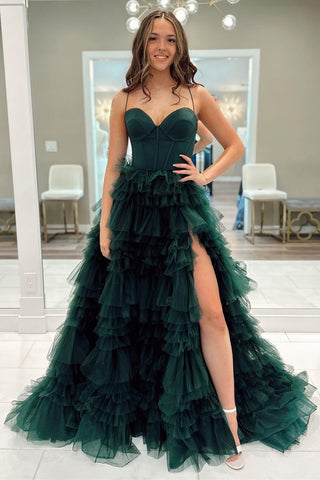 Emerald Sweetheart Lace-Up Ruffle Prom Gown with Slit