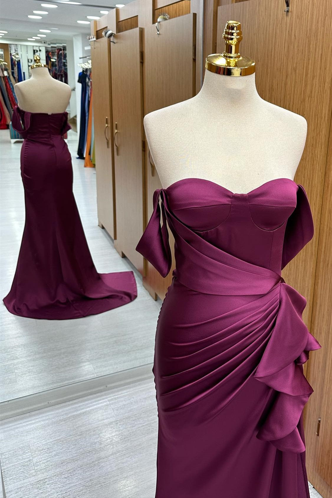 Off-the-Shoulder Plum Ruffle Mermaid Evening Gown