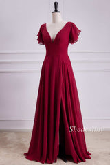 Red Plunge V Flutter Sleeve Backless Maxi Dress