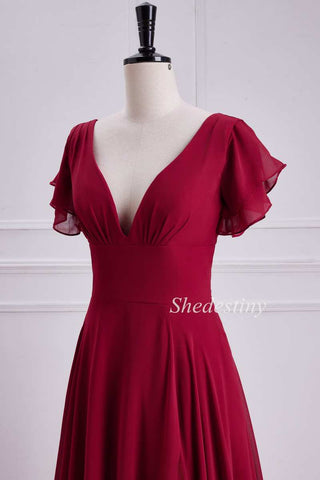 Red Plunge V Flutter Sleeve Backless Maxi Dress