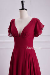 Red Plunge V Flutter Sleeve Backless Maxi Dress