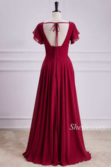 Red Plunge V Flutter Sleeve Backless Maxi Dress