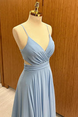 Surplice Lace-Up Chiffon Bridesmaid Dress in Dusty Blue