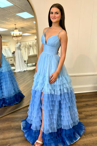 V-Neck Ruffle Tiered Prom Dress in Light Blue and Navy Ombre