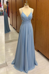 Surplice Lace-Up Chiffon Bridesmaid Dress in Dusty Blue