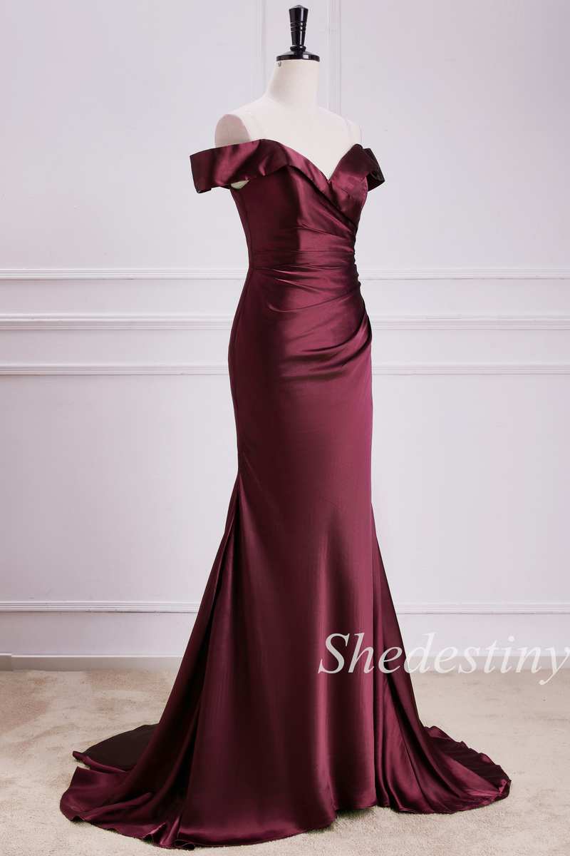 Burgundy Off-the-Shoulder Trumpet Long Formal Dress