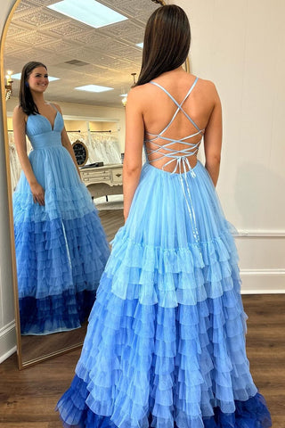 V-Neck Ruffle Tiered Prom Dress in Light Blue and Navy Ombre