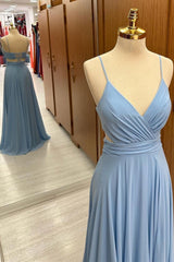 Surplice Lace-Up Chiffon Bridesmaid Dress in Dusty Blue