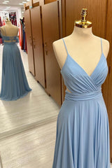 Surplice Lace-Up Chiffon Bridesmaid Dress in Dusty Blue