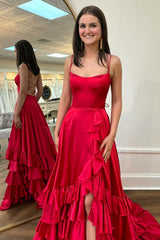 Scoop Neck Lace-Up Ruffle Tiered Prom Dress with Slit in red