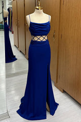 Royal Blue Cowl Neck Lace-Up Bridesmaid Dress with Slit