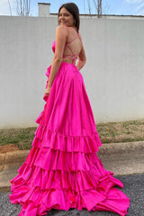 back of Scoop Neck Lace-Up Ruffle Tiered Prom Dress with Slit in hot pink