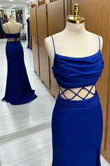 Royal Blue Cowl Neck Lace-Up Bridesmaid Dress with Slit