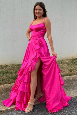 Scoop Neck Lace-Up Ruffle Tiered Prom Dress with Slit in hot pink