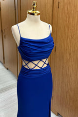 Royal Blue Cowl Neck Lace-Up Bridesmaid Dress with Slit