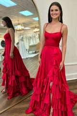 Scoop Neck Lace-Up Ruffle Tiered Prom Dress with Slit in red