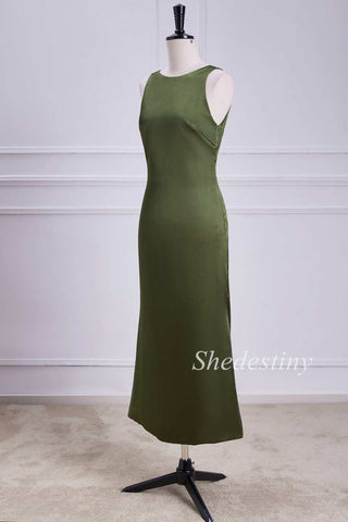 Olive Green Sleeveless Keyhole Midi Dress