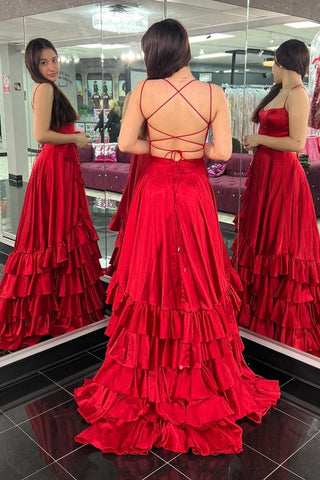 back of Scoop Neck Lace-Up Ruffle Tiered Prom Dress with Slit in red