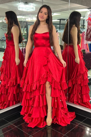 Scoop Neck Lace-Up Ruffle Tiered Prom Dress with Slit in red