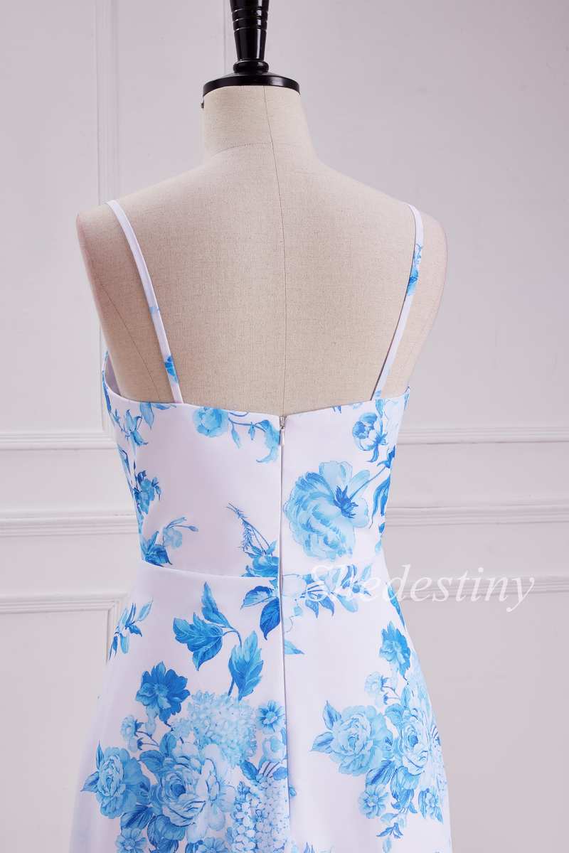 Light Blue Floral Print Spaghetti Strap Maxi Dress