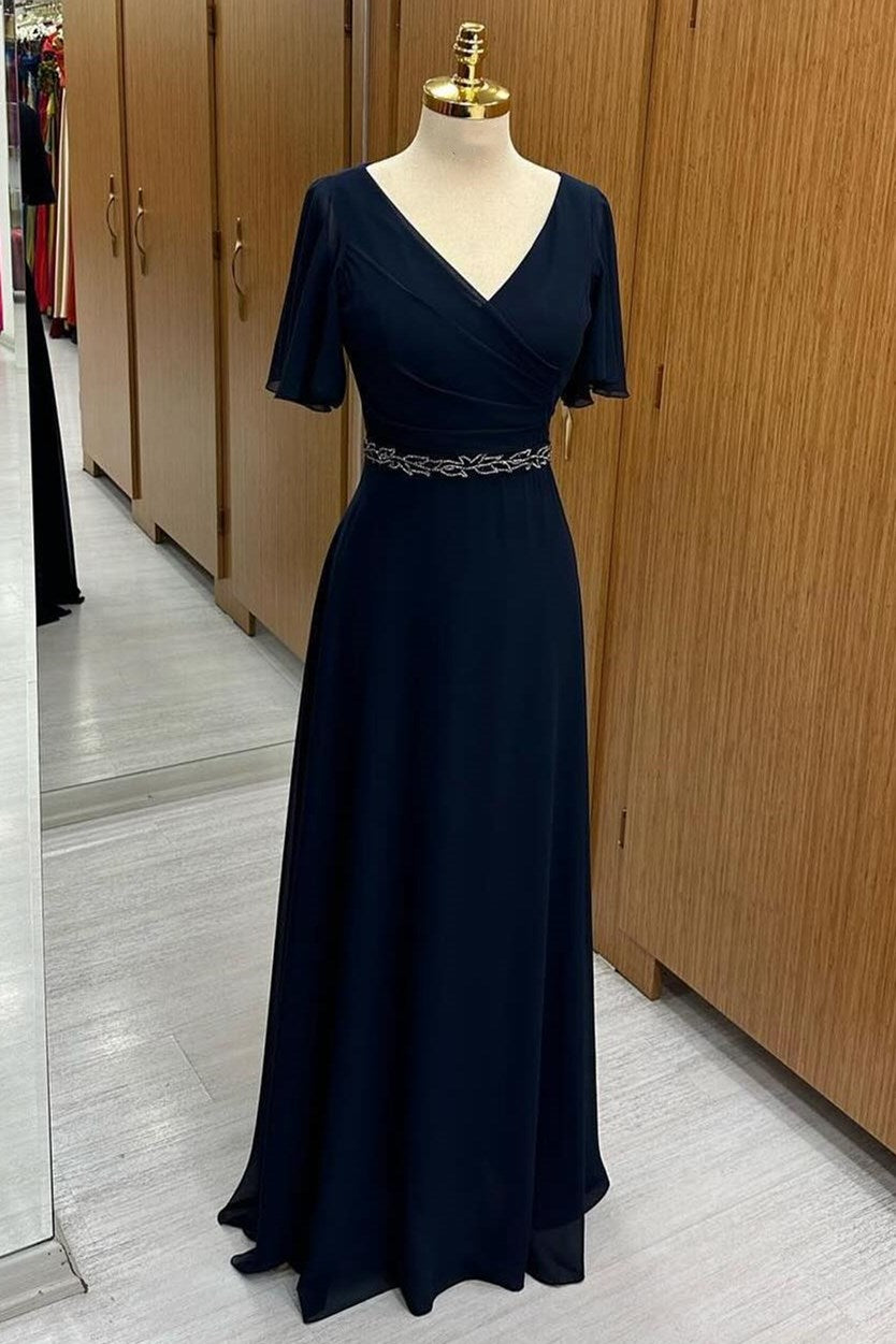 Navy Blue Surplice Chiffon Mother's Gown with Flared Sleeves