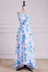 Light Blue Floral Print Spaghetti Strap Maxi Dress