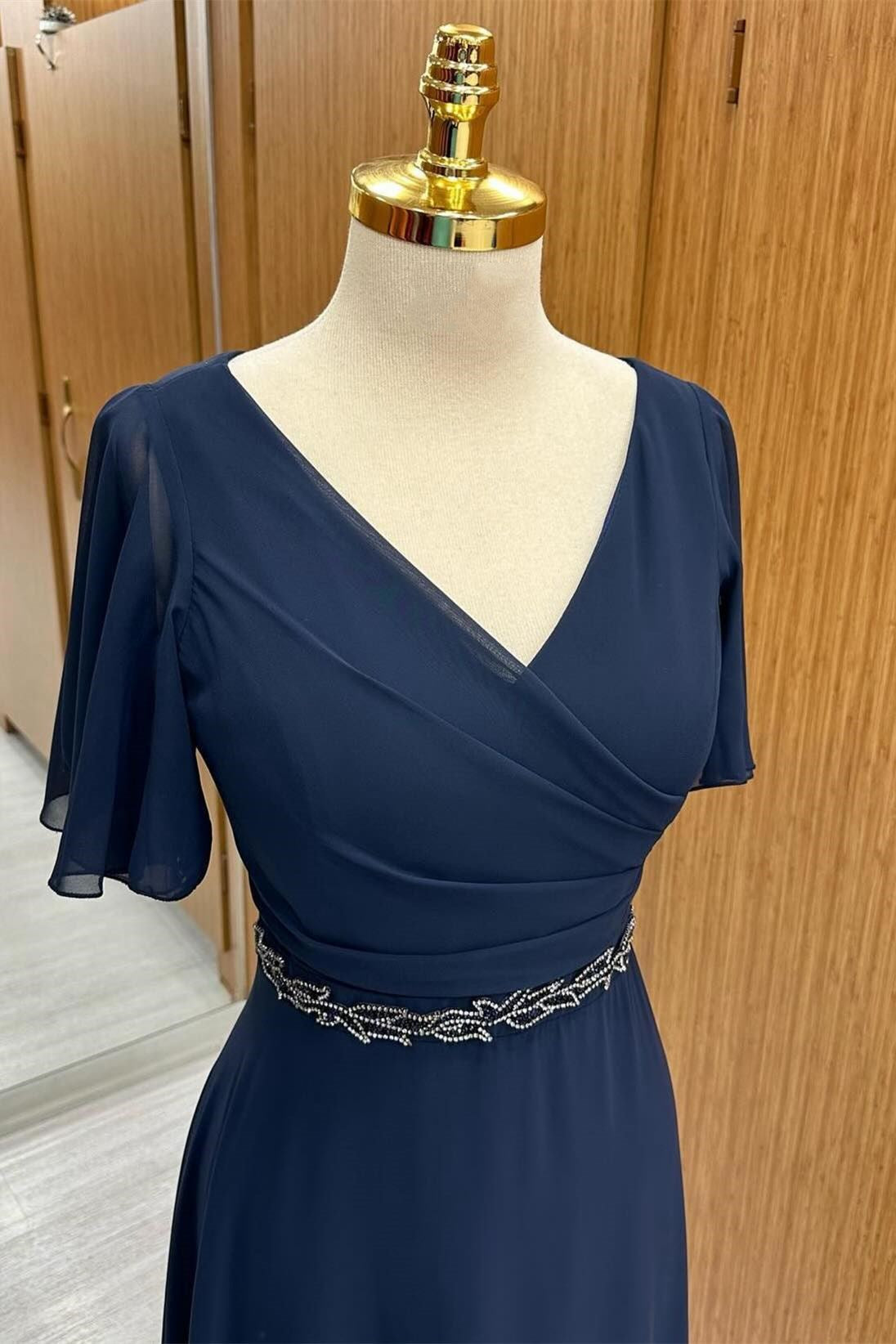 top of Navy Blue Surplice Chiffon Mother's Gown with Flared Sleeves