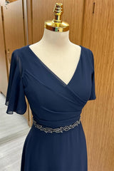 top of Navy Blue Surplice Chiffon Mother's Gown with Flared Sleeves