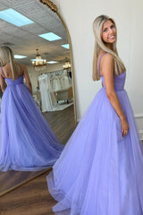 Lavender Beaded Surplice Tulle Prom Dress