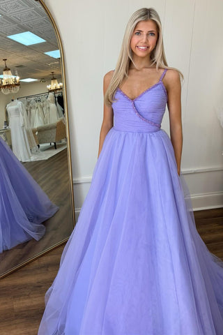 Lavender Beaded Surplice Tulle Prom Dress
