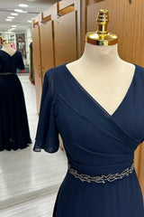 Navy Blue Surplice Chiffon Mother's Gown with Flared Sleeves