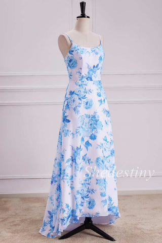 Light Blue Floral Print Spaghetti Strap Maxi Dress