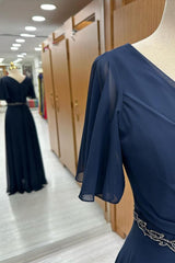 Navy Blue Surplice Chiffon Mother's Gown with Flared Sleeves