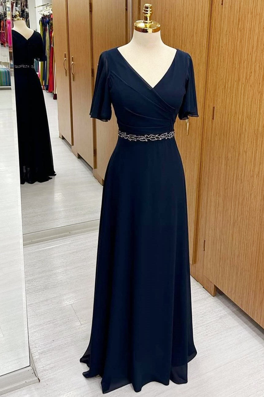 Navy Blue Surplice Chiffon Mother's Gown with Flared Sleeves