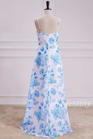 Light Blue Floral Print Spaghetti Strap Maxi Dress