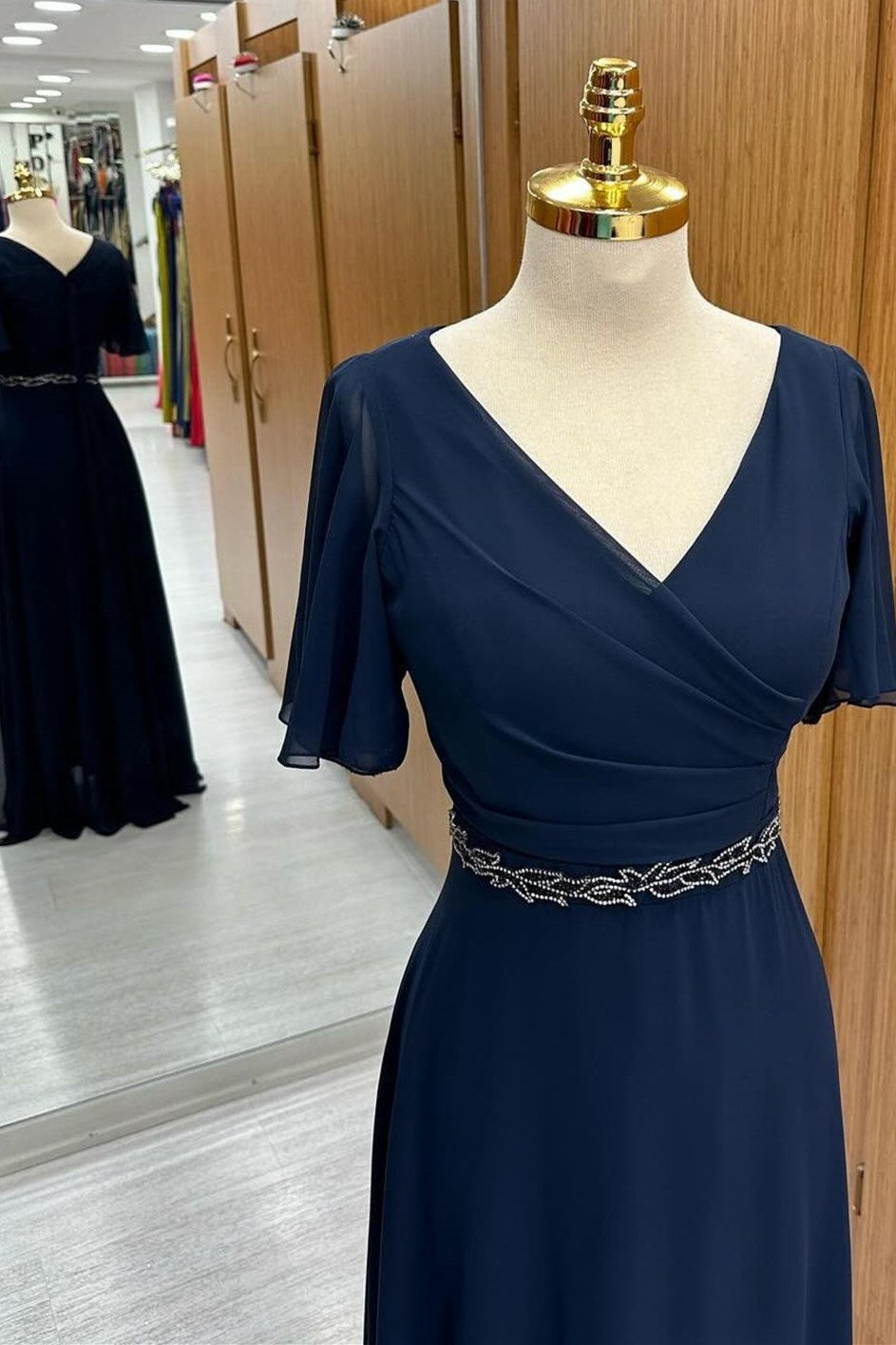 Navy Blue Surplice Chiffon Mother's Gown with Flared Sleeves