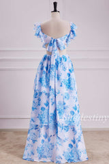 Light Blue Floral Print Cutout Maxi Dress with Flutter Sleeves