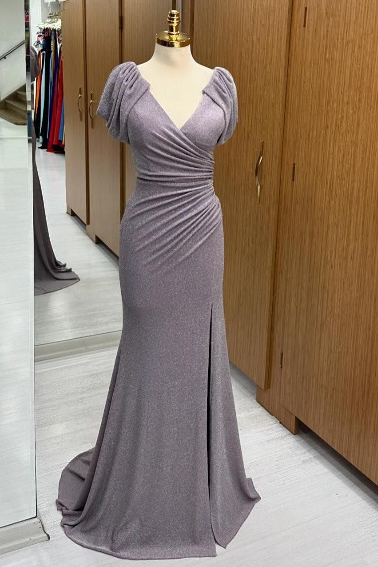 Dusty Lavender Velvet Surplice Sheer Back Evening Gown