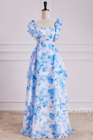 Light Blue Floral Print Cutout Maxi Dress with Flutter Sleeves