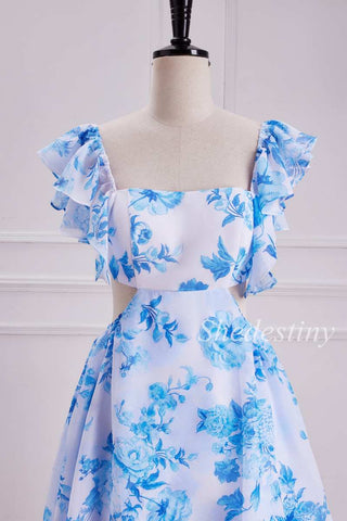 Light Blue Floral Print Cutout Maxi Dress with Flutter Sleeves